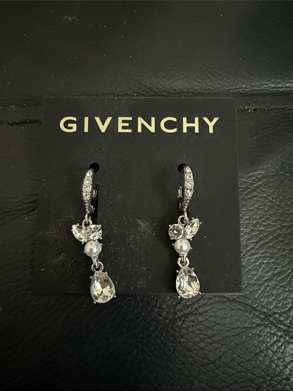 Givenchy Silver Crystal & Pearl Teardrop Dangle Earrings